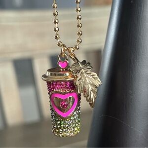 Betsey Johnson COFFEE CUP Gold Tone Ombré Stones Locket Ball Chain Necklace